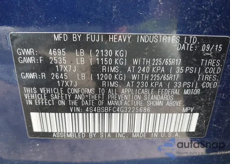 2016 Subaru Outback 2.5I Premium z USA, uszkodzony, nr VIN 4S4BSBFC4G3225686